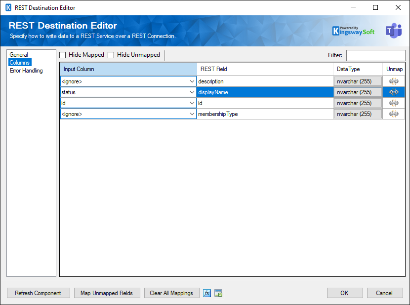 Microsoft To Do Destination Component - Columns